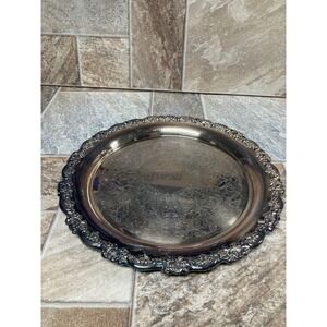 Oneida USA Silver Plated Round Serving Tray Etched Floral Rose Border 15 Inch